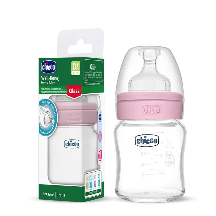 Well Being Glass Feeding Bottle 120ml Pink Slow Flow 0M+