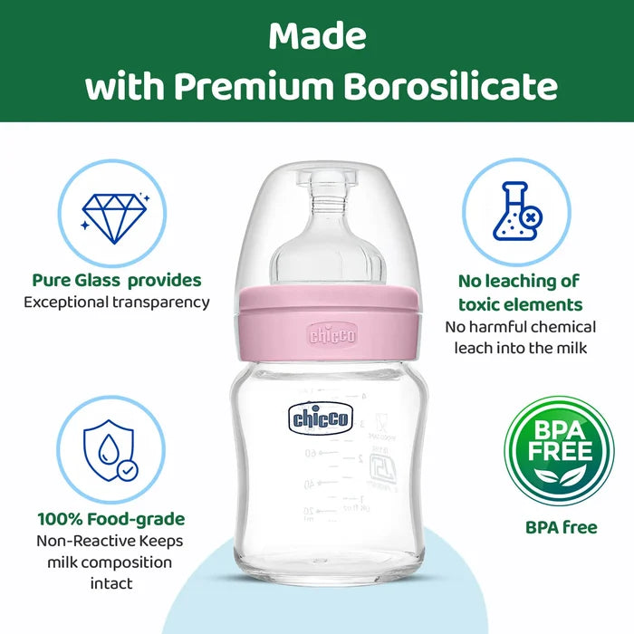 Well Being Glass Feeding Bottle 120ml Pink Slow Flow 0M+