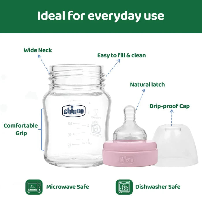 Well Being Glass Feeding Bottle 120ml Pink Slow Flow 0M+