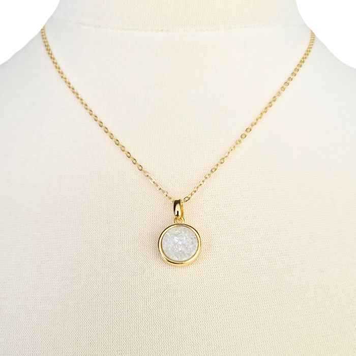 White druzy agate pendant necklace, gold-plated chain, view 2
