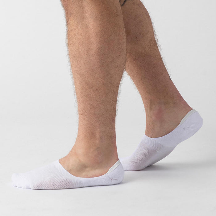White Never Show Socks 3-Pack on person’s feet, seamless, no-slip design.