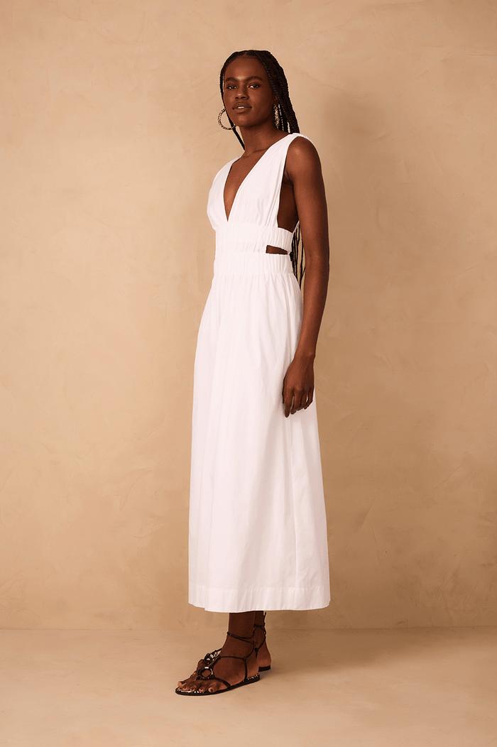White Plunging Neck Elastic Straps Cotton Maxi Dress_1