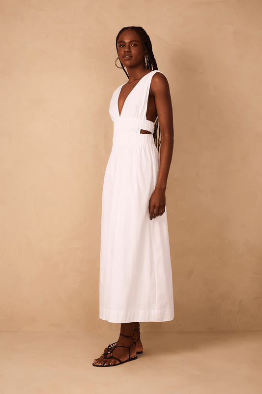 White Plunging Neck Elastic Straps Cotton Maxi Dress_1
