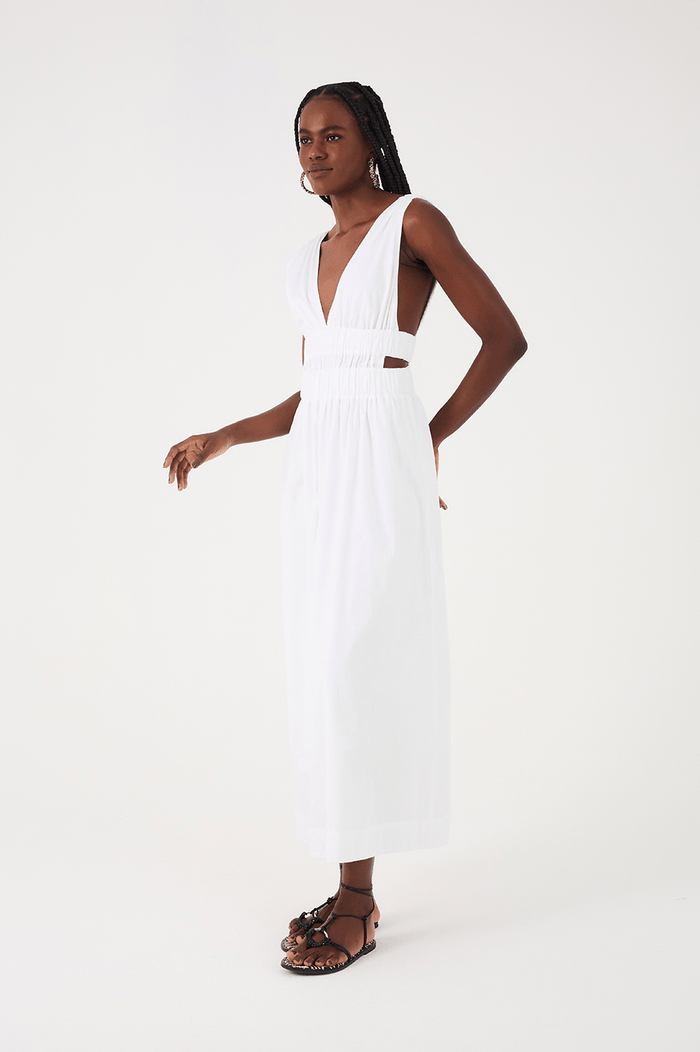White Plunging Neck Elastic Straps Cotton Maxi Dress_2