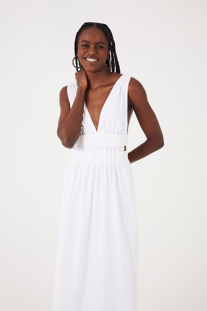 White Plunging Neck Elastic Straps Cotton Maxi Dress_3