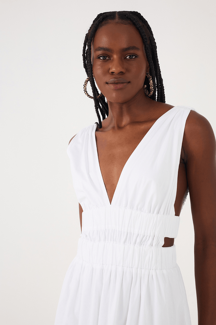 White Plunging Neck Elastic Straps Cotton Maxi Dress_4