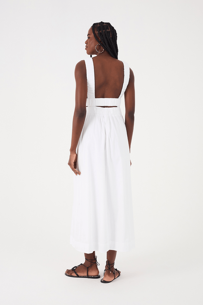 White Plunging Neck Elastic Straps Cotton Maxi Dress_5