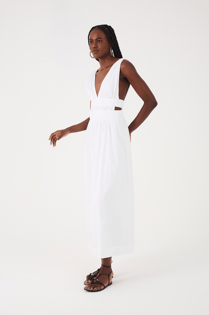 White Plunging Neck Elastic Straps Cotton Maxi Dress_9