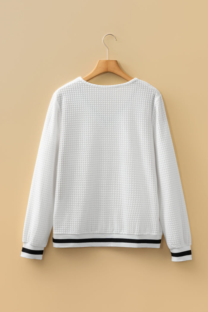White Textured Knit Preppy Striped Trim V Neck Pullover Waffle Top