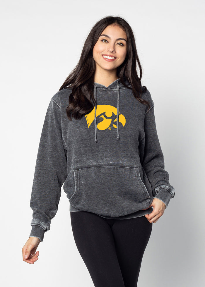 Iowa Hawkeyes Unisex Charcoal Relaxed Burnout fleece Hoodie with Kangaroo pocket, drop shoulders, lived-in look and feel