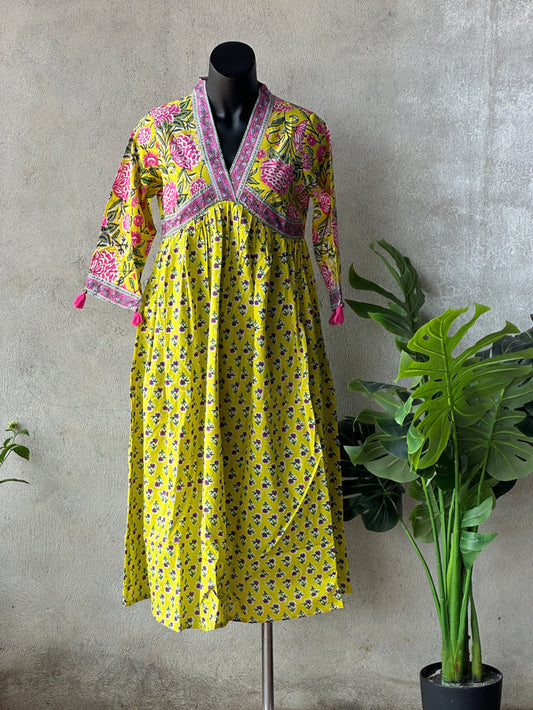 Yellow Printed cotton collar neck gown