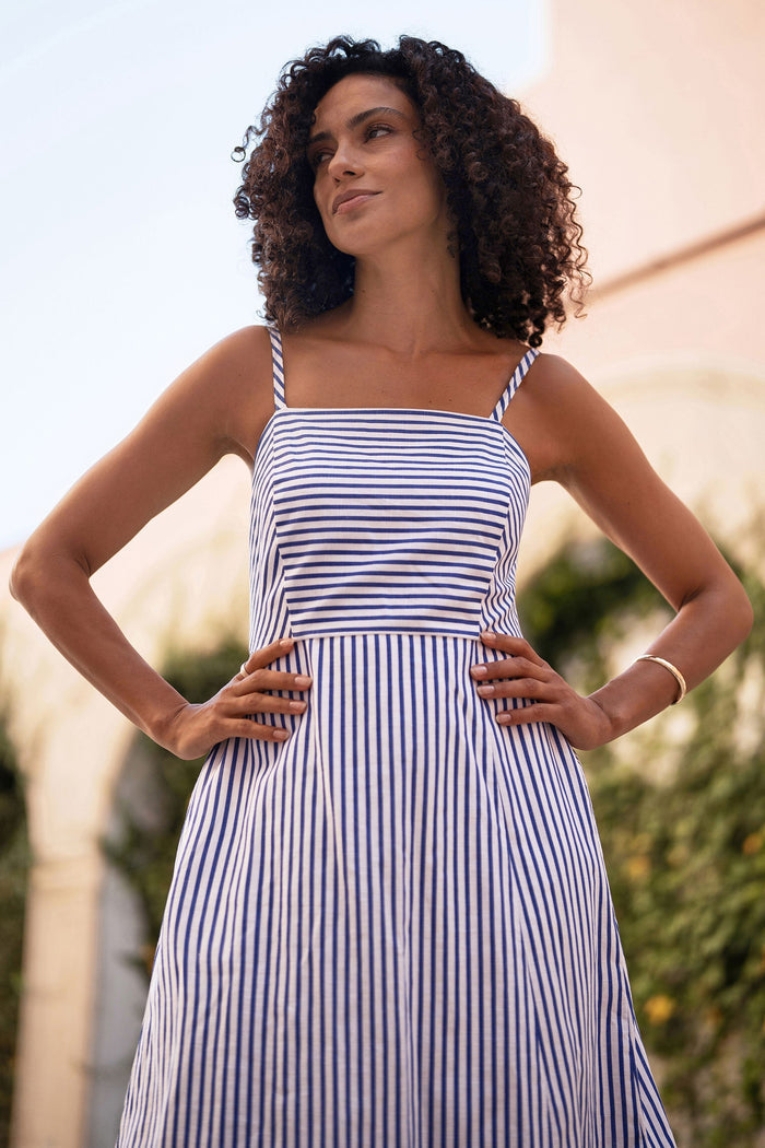 Blue Stripe Cotton Sun Dress With Ruched Back - Bascora