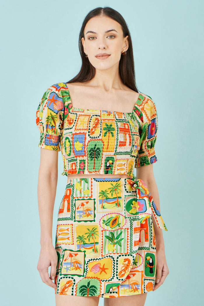 Multicolour Cropped Shirred Cotton Postcard Print Top - Bascora