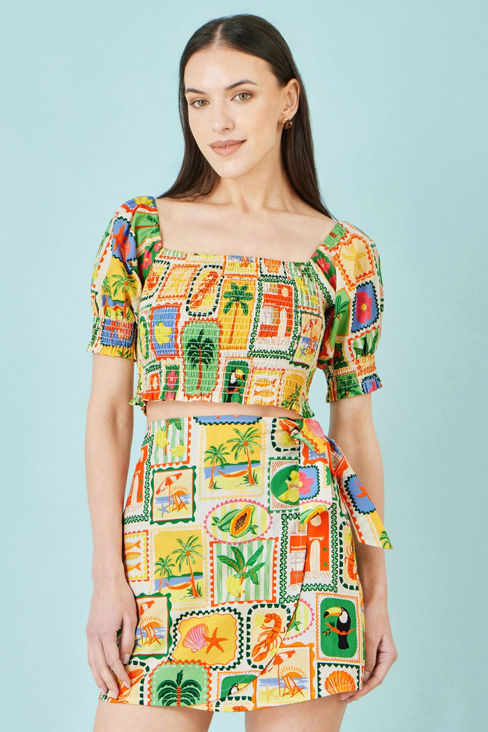 Multicolour Cropped Shirred Cotton Postcard Print Top - Bascora