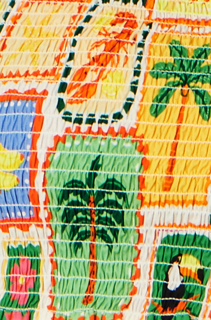 Multicolour Cropped Shirred Cotton Postcard Print Top - Bascora