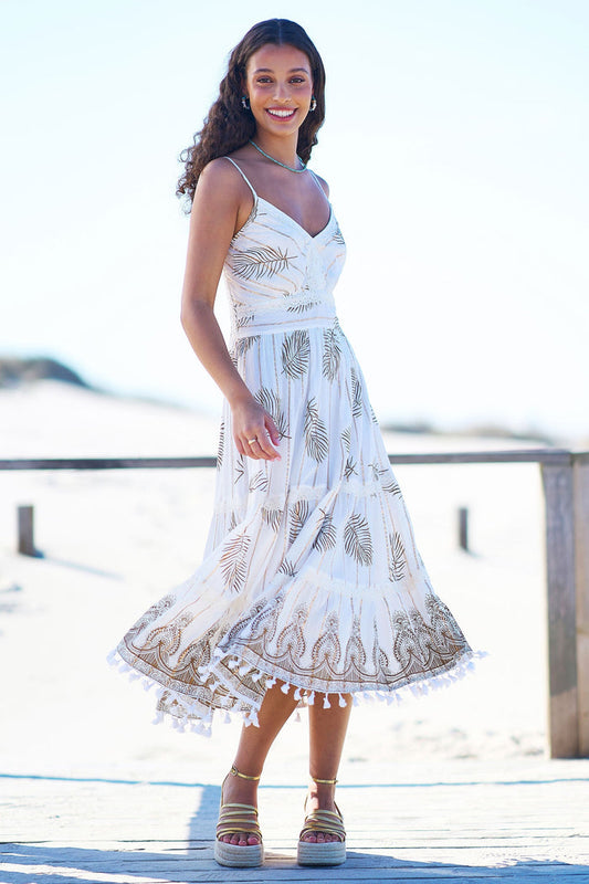 Ivory Foil Print Midi Sun Dress With Lace Trims - Bascora