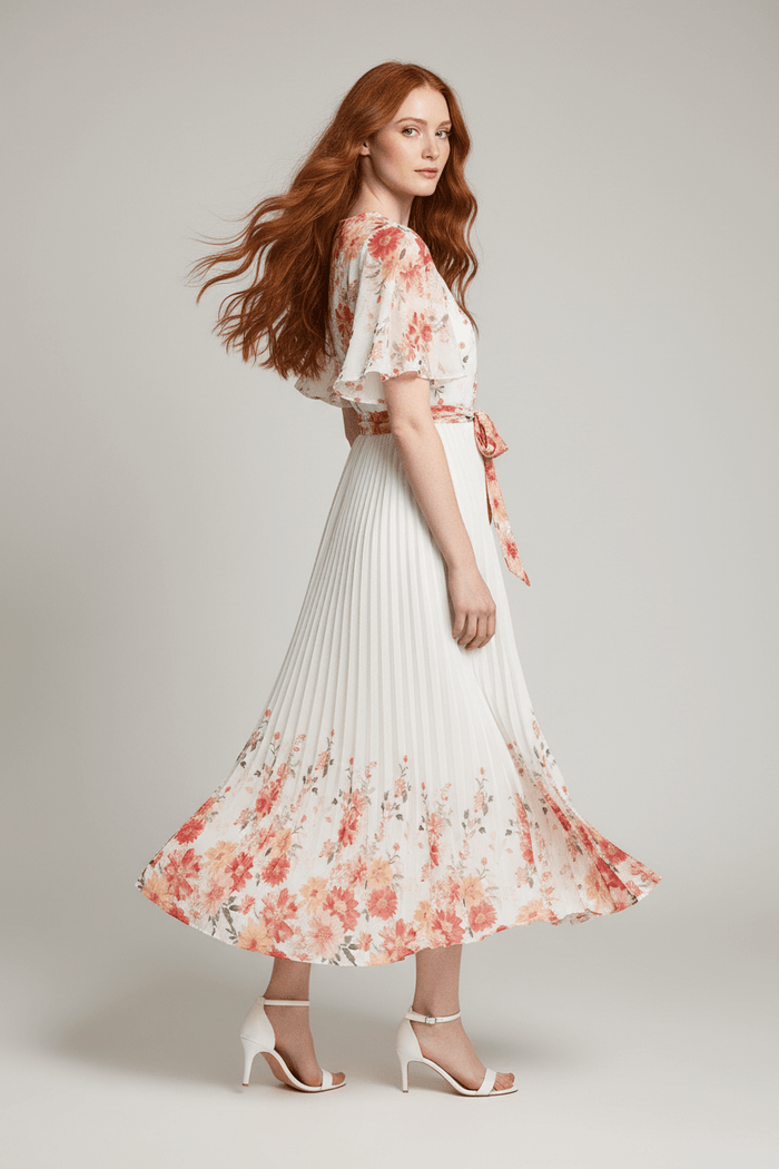 The Mirror Floral – White Pleated Midi Dress - Bascora