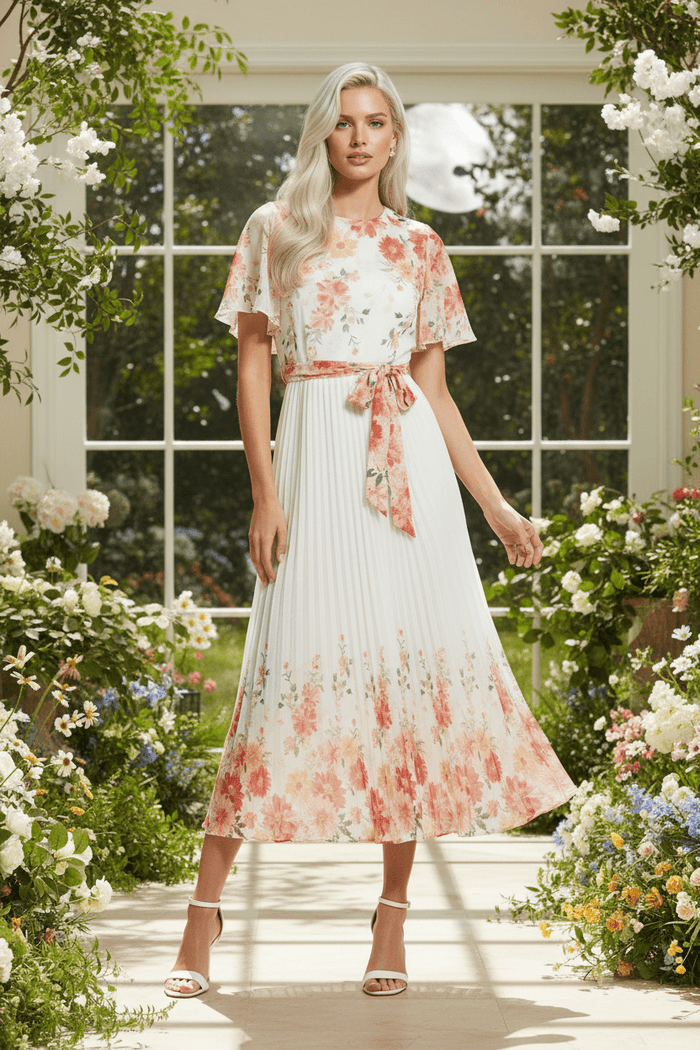 The Mirror Floral – White Pleated Midi Dress - Bascora