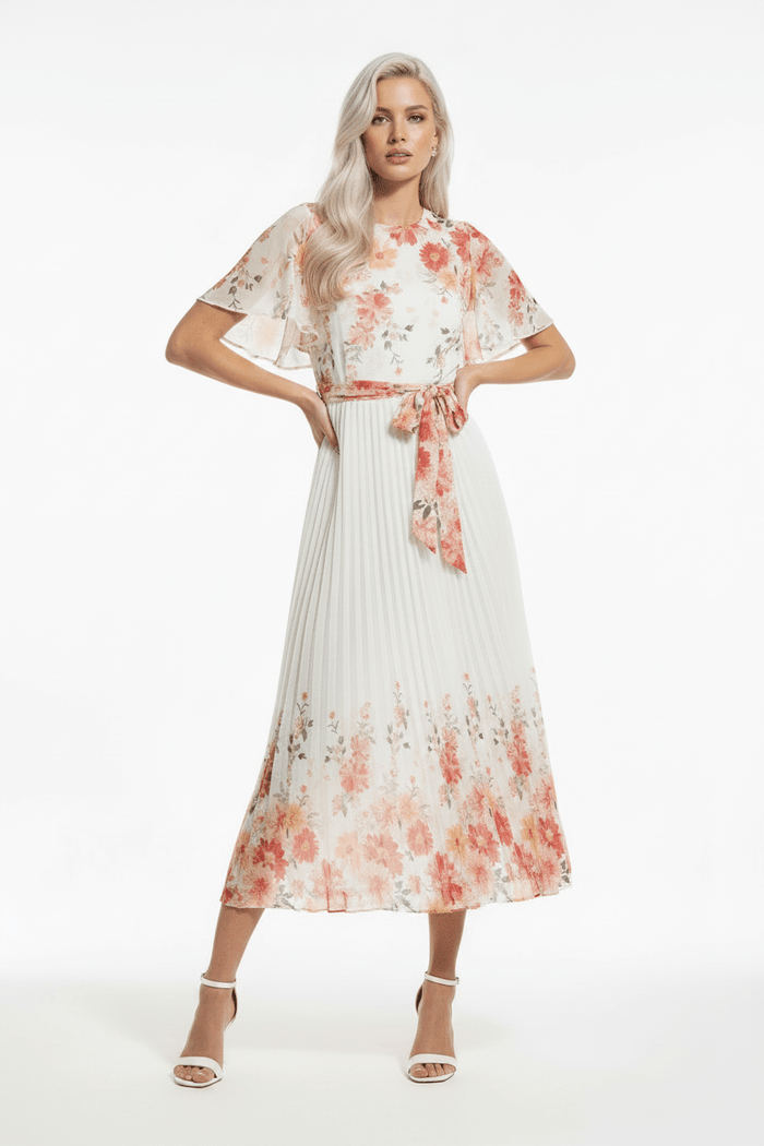 The Mirror Floral – White Pleated Midi Dress - Bascora