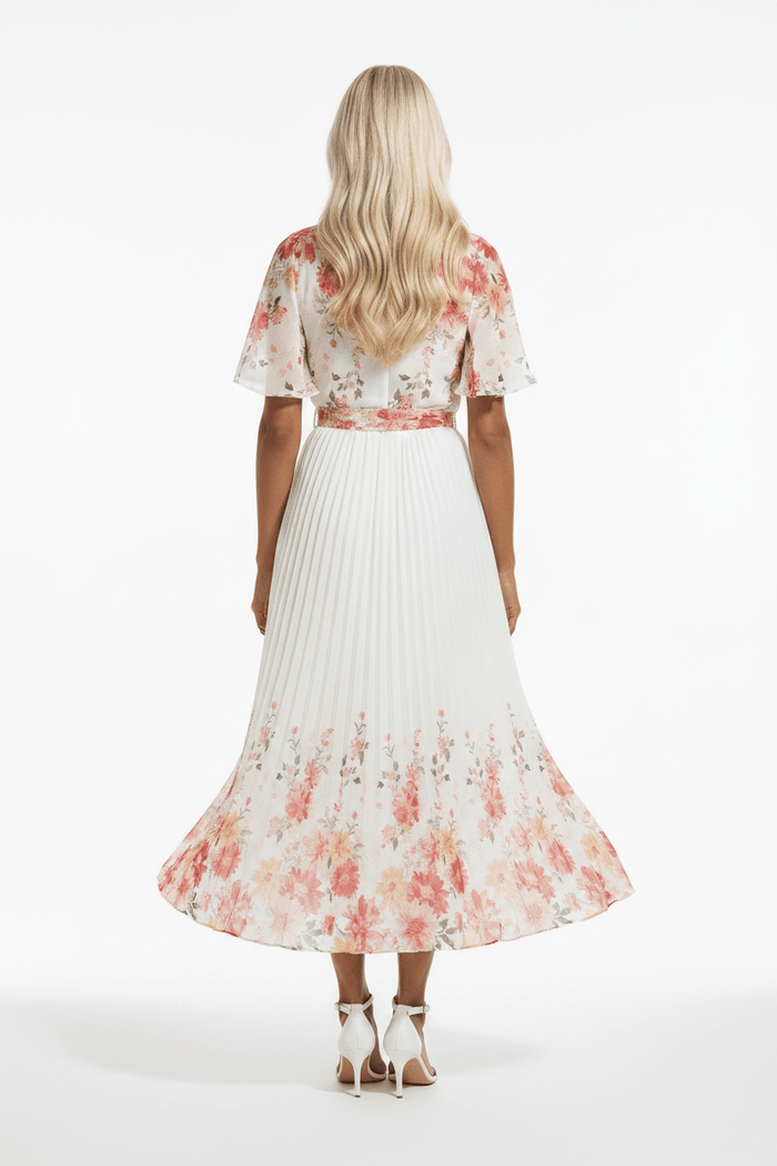 The Mirror Floral – White Pleated Midi Dress - Bascora