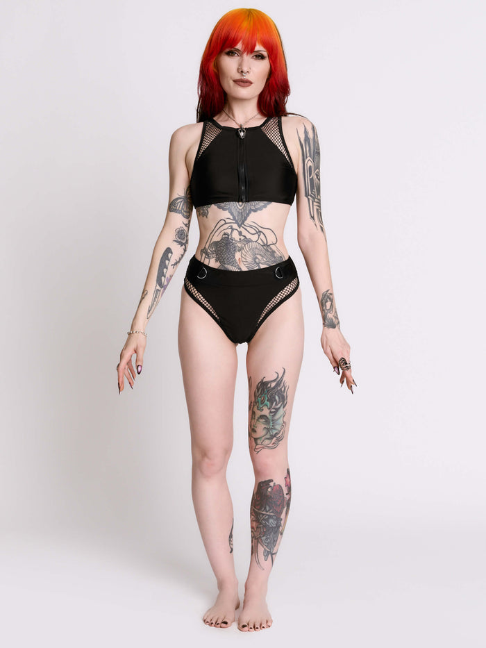 Zip Up Fishnet Swim Top